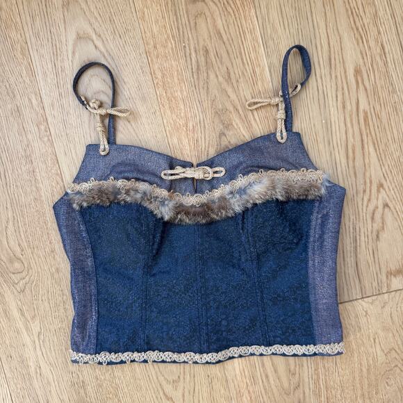 Vintage Italian Denim Corset Top with Fur Trim & Lace-Up Back (M) - Picture 3 of 11